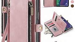 Defencase for iPhone 15 Plus Case, for iPhone 15 Plus Case Wallet for Women Men, Durable PU Leather Magnetic Flip Strap Zipper Card Holder Wallet Phone Cases for iPhone 15 Plus [6.7"], Rose Pink