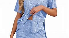 Asklazy Women's Pajamas Set short Sleeve and short Pants 2 Piece Pjs Sleepwear with Pockets,US Size,Za Blue,S
