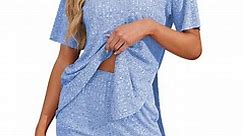 Asklazy Women's Pajamas Set short Sleeve and short Pants 2 Piece Pjs Sleepwear with Pockets,US Size,Za Blue,L
