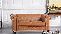 Emery Chesterfield Leather Loveseat, Mini Sofa Sleeper Loveseat, Small Sofa Bed with Rolled Arms, Tufted Cushions 2 Seater Sectional Small Loveseat for Small Spaces, Living Room - Caramel, Air Leather