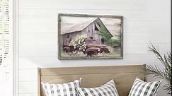 Rustic Farmhouse Wood Wall Art: Framed Country Truck Flower Painting Vintage Wooden Barn Picture Farm Old Rusty Car Artwork Countryside Green Landscape Prints for Bedroom Living Room