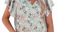 Chase Secret Women's Summer Shirts Floral Print V Neck Short Sleeve Casual Chiffon Blouses Top Green