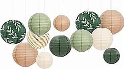 AOBKIAT Party Decorations Paper Lanterns Set,12PCS Sage Green Brown Chinese Japanese Hanging Paper Lantern for Green Boho Wedding Party,Birthday, Bridal Showers,Neutral Party Decor