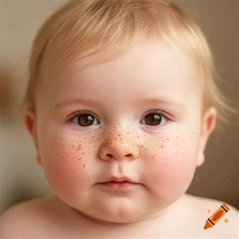 Close-up photorealistic portrait of a fair-skinned baby with light blonde hair, brown eyes, and ...