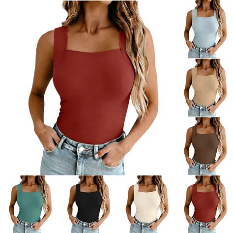 AnuYalue Women's Plus Size Square Neck Crop Tops Going Out Double Lined Cute Basic Tank Tops ...