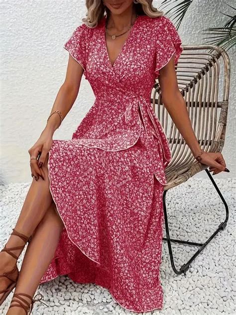 Best Experience Women's Summer Boho Maxi Dress - Floral Print, Wrap V Neck, Short Sleeve, Ruffle ... - women boho wedding dress