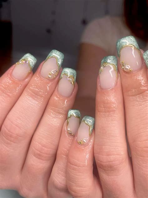 Green Aqua Turquoise cat eye French tip square nails with pearls and ...