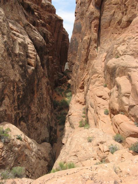 Looking back down the rubble-filled gully. The short rib that needs to ...