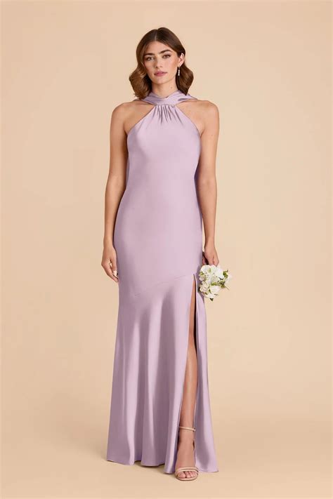 Halter Neck Satin Bridesmaid Dress Convertible Back Scarf High Slit Me ...