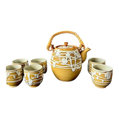 Vintage Japanese Stoneware Tea Set – Mid-Century Wicker Handle Teapot & Cups | Chairish