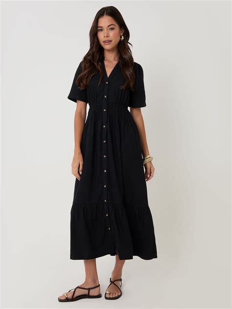 Buy Threadbare Black Tiered Linen Blend V-Neck Maxi Dress from Next India