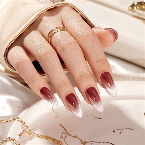 Almond Medium Press on Nails, Red Maroon Ombre French Tip Cat Eye ...