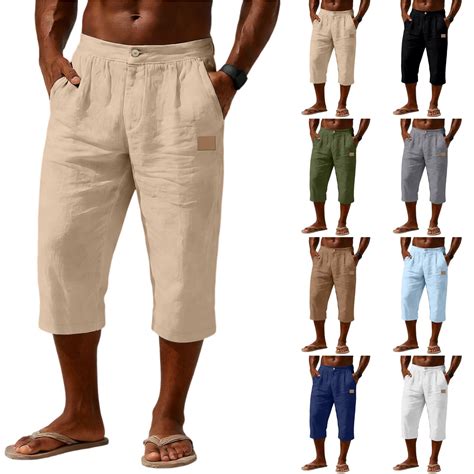 Men's Linen Cotton Capri Pants Casual Lightweight Loose Fit Elastic ...