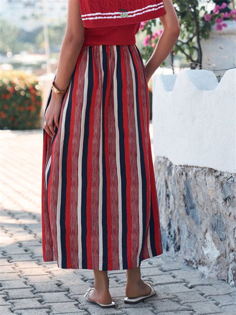Buy Red/Navy Blue Stripe Button Front Maxi Skirt from Next India