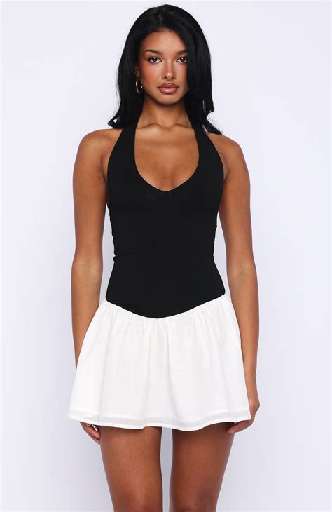 She's Untouchable Halter Neck Mini Dress Black/White | White Fox Boutique