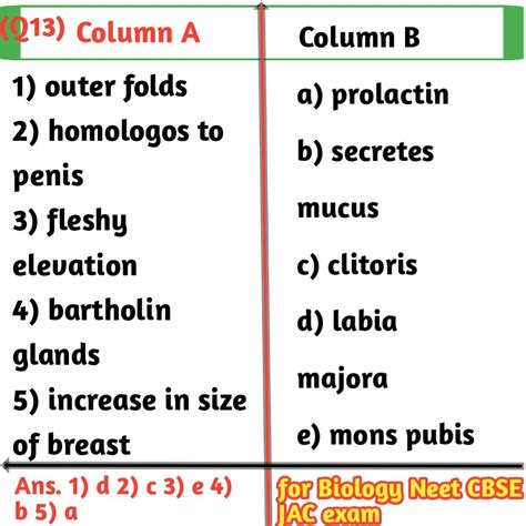 matching question examples in biology for class 12th exams - Biologysir