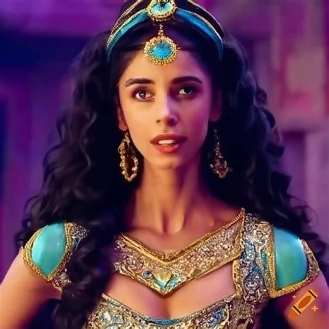 Naomi scott as jasmine. photograph in 4k. aladdin is right next to her ...