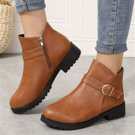 jsaierl Women's Chunky Low Heel Ankle Boots Classic Round Toe Side ...