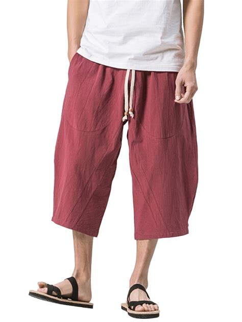 Niuer Plus Size Elastic Waist Baggy Cotton Linen 3/4 Capris for Men ...