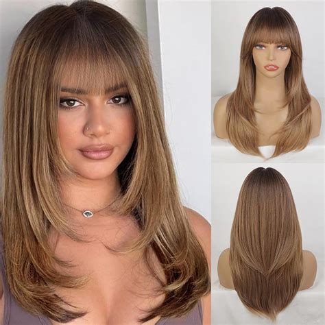 Amazon.com : Lativ Light Brown Wig With Bangs Long Layered Wig with ...