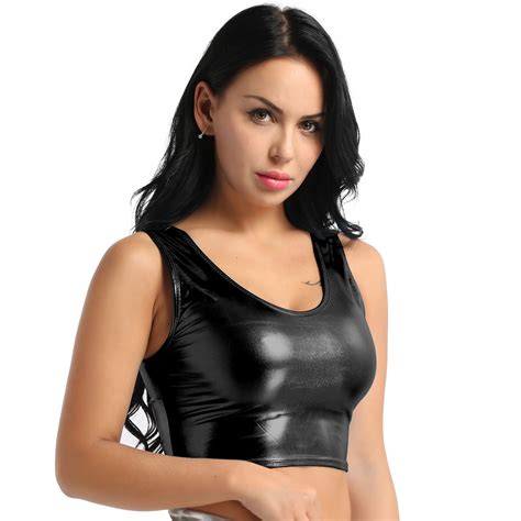 Sexy Womens PU Leather Metallic Wet Look Sleeveless Tank Tops Clubwear ...