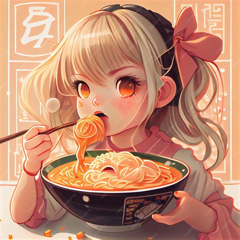 Premium Photo | Cute kawaii girl eating chinese noodles or ramen anime ...