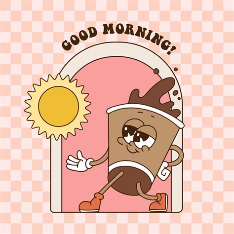 Good morning text with Funny retro cartoon character of Coffee on paper ...