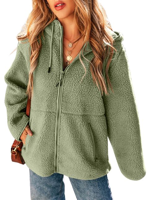 SHEWIN Womens Sherpa Jackets Fuzzy Hooded Zip Up Coats Casual Solid ...