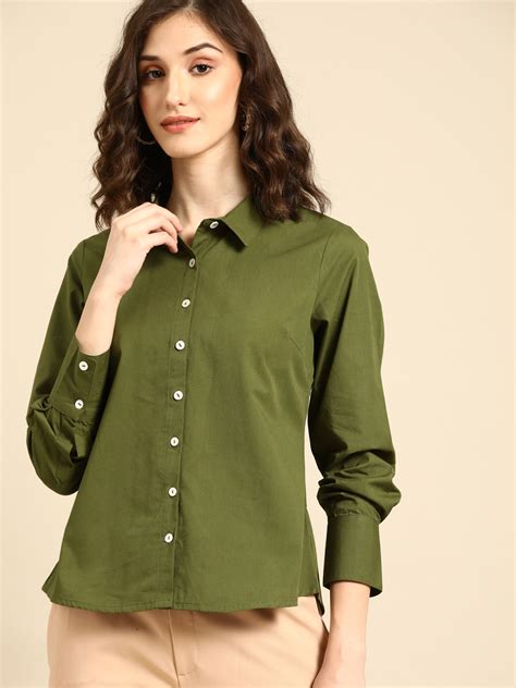 Buy All About You Women Olive Green Solid Pure Cotton Casual Shirt ...