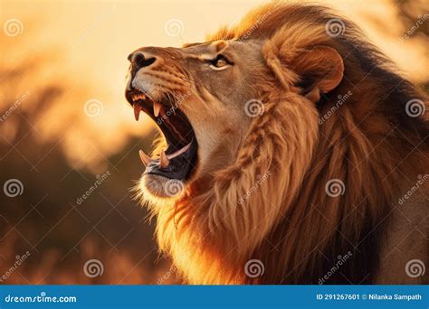 Roaring Lion Close-up, Side View, Portrait Of A Lion Evening Backlit ...