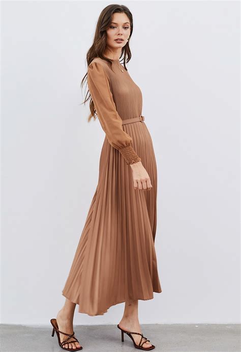 Full Pleated Belted Maxi Dress in Tan - Retro, Indie and Unique Fashion