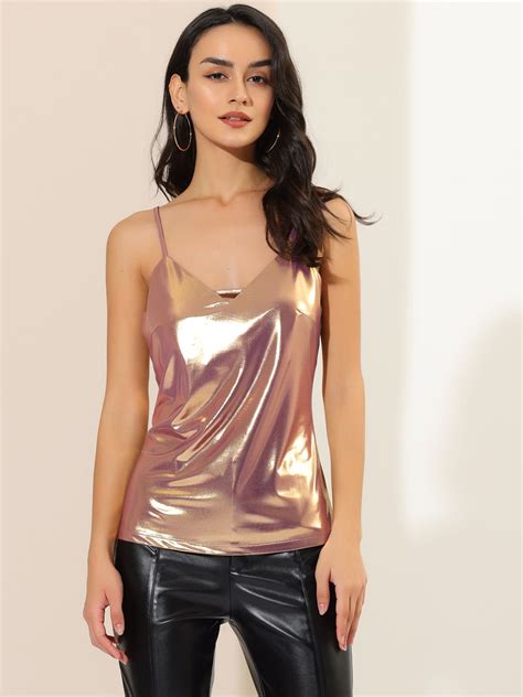 Metallic Shiny Party Tank Top Deep V Camisole Tops | Allegra K
