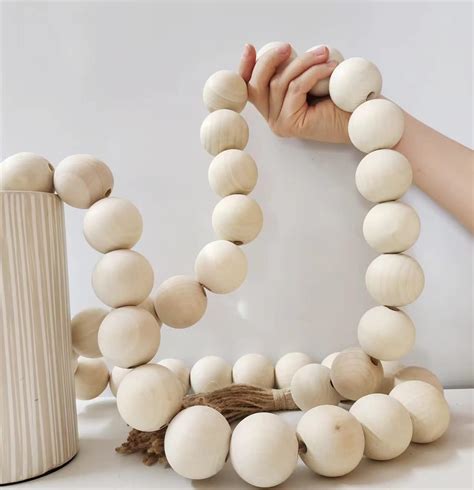 Large Wood Bead Garland with 1.6" Diameter Wooden Beads Tassels ...