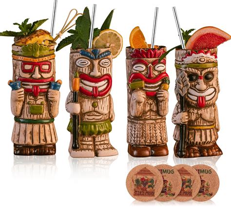Sun GKOTTA Cocktail Tiki Mugs Set of 4 - Exotic Frosted Mug with 4 Pack ...
