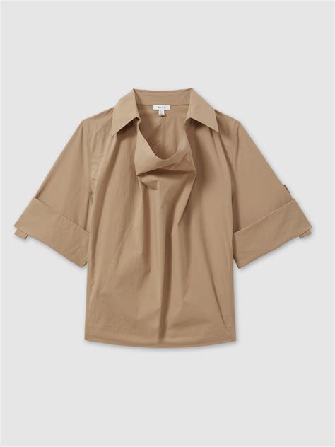 Reiss Cotton Blend Collared Cowl Neck Shirt in Stone - REISS