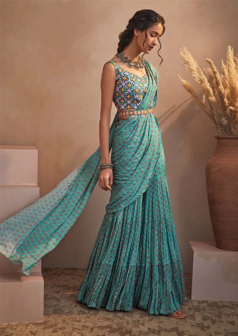 Teal Bunch Print Sharara Saree | Indian fashion dresses, Trendy outfits ...