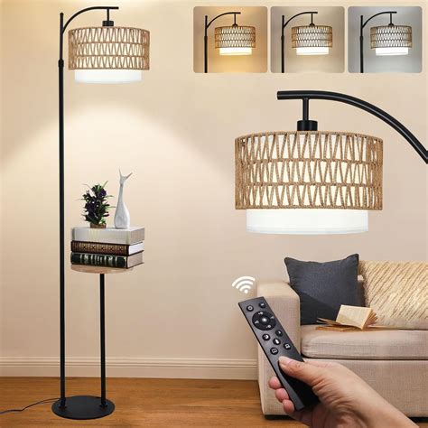 ZECOXOL Arc Floor Lamp with Table and Shelves,Rattan Boho Floor Lamp ...
