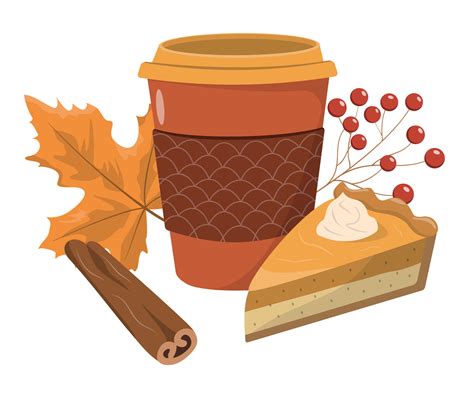 Autumn coffee cup with pumpkin pie, cinnamon stick, and autumn leaf ...