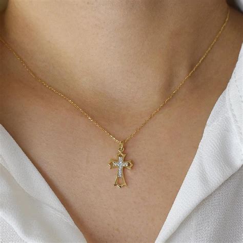18k Solid Gold Diamond Cross Necklace Delicate Cross Necklace For Sale ...