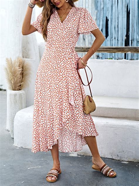 Women Small Floral V Neck Short Sleeve Comfy Casual Maxi Dress | noracora