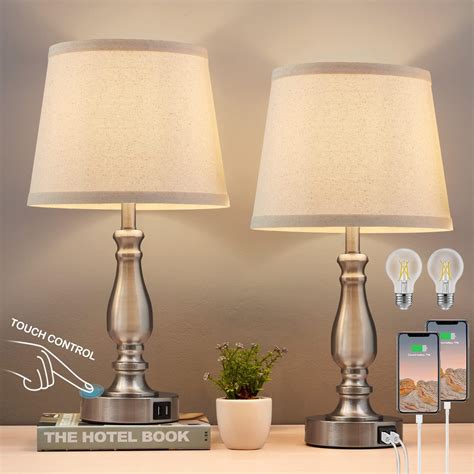 Lamps for Bedrooms Set of 2, Brushed Nickel Bedside Lamps with USB C+A ...
