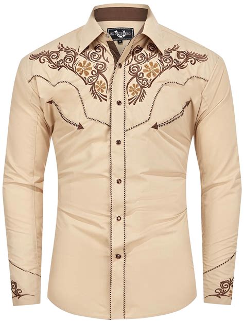 Men's Tan Khaki Embroidered Western Pearl Snap Cowboy Shirt - Leyoma