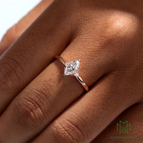 Marquise Cut Lab Diamond Engagement Ring Dainty Three Stone Bridal Ring ...