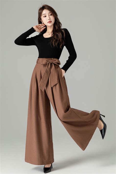 Wide Leg Wool Pants, Belted Wool Palazzo Trousers, Long Wool Pants ...