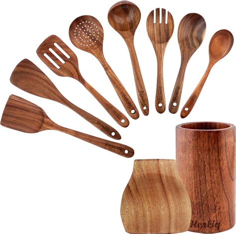 Herlig Wooden Kitchen Utensil Set, 10 Pc Teak Wood Spatula Spoon and ...