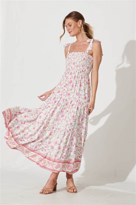 Katina Maxi Sundress In White With Pink Floral – St Frock