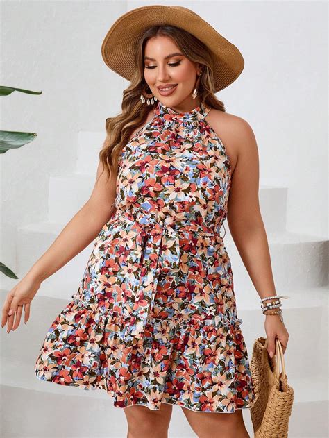SHEIN VCAY Plus Size Vacation Dress With Floral Print And Ruffled Hem ...