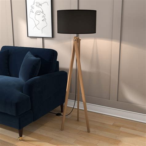 Black Shade Wooden Tripod Floor Lamp - Whenby - Furniture123