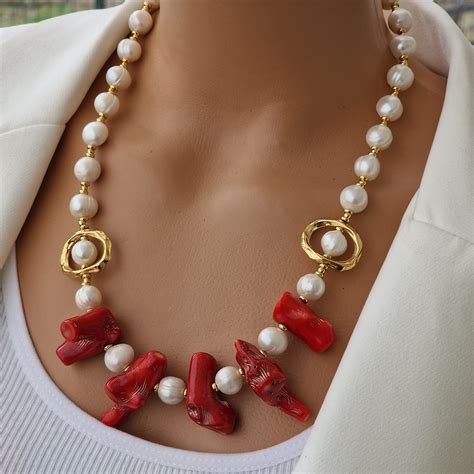Red Coral and Freshwater Pearl Necklace, Chunky Baroque Jewelry ...