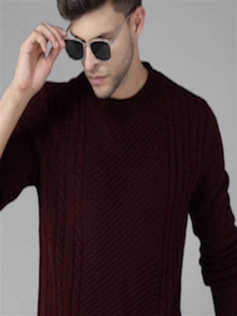 Buy Roadster Men Maroon Self Design Pullover - Sweaters for Men ...